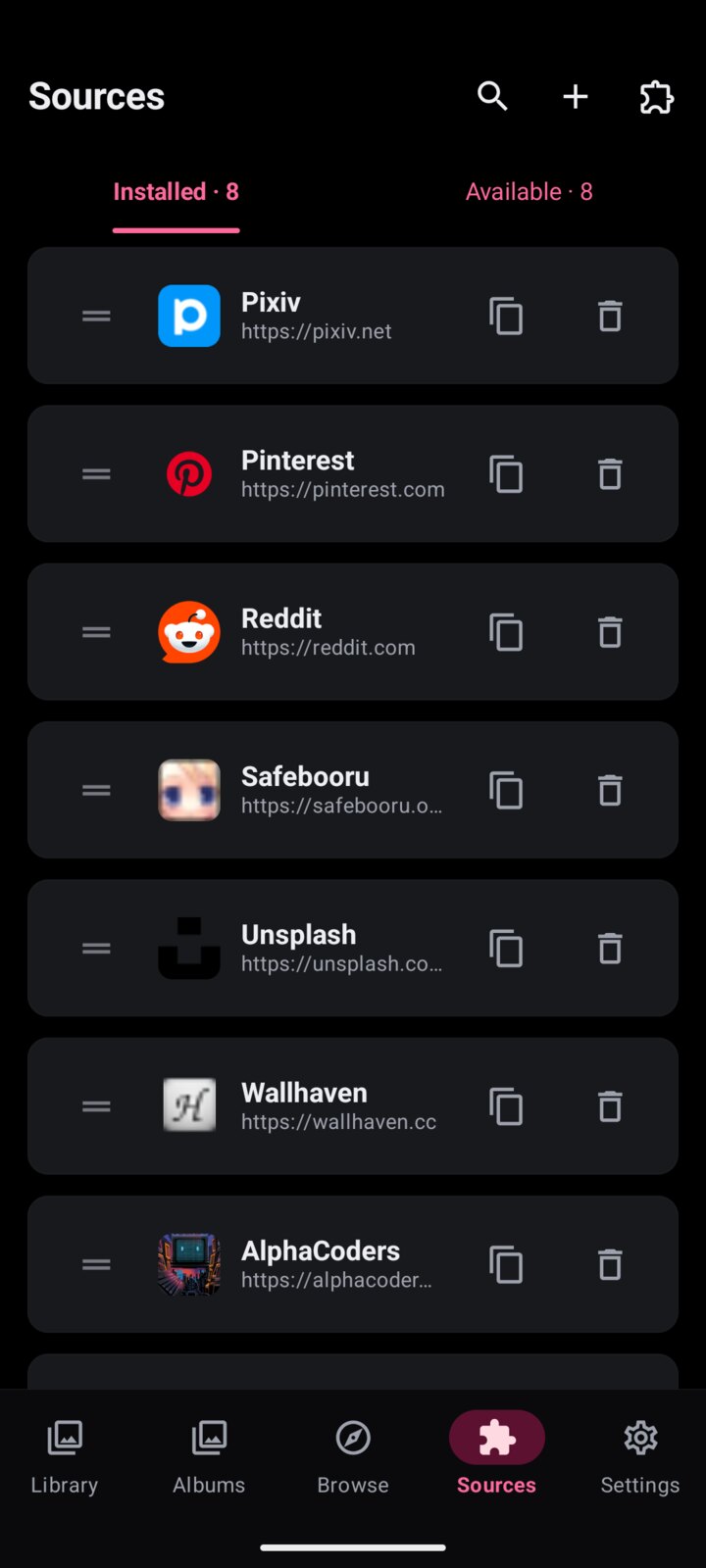 WallBase Sources screen with installed providers